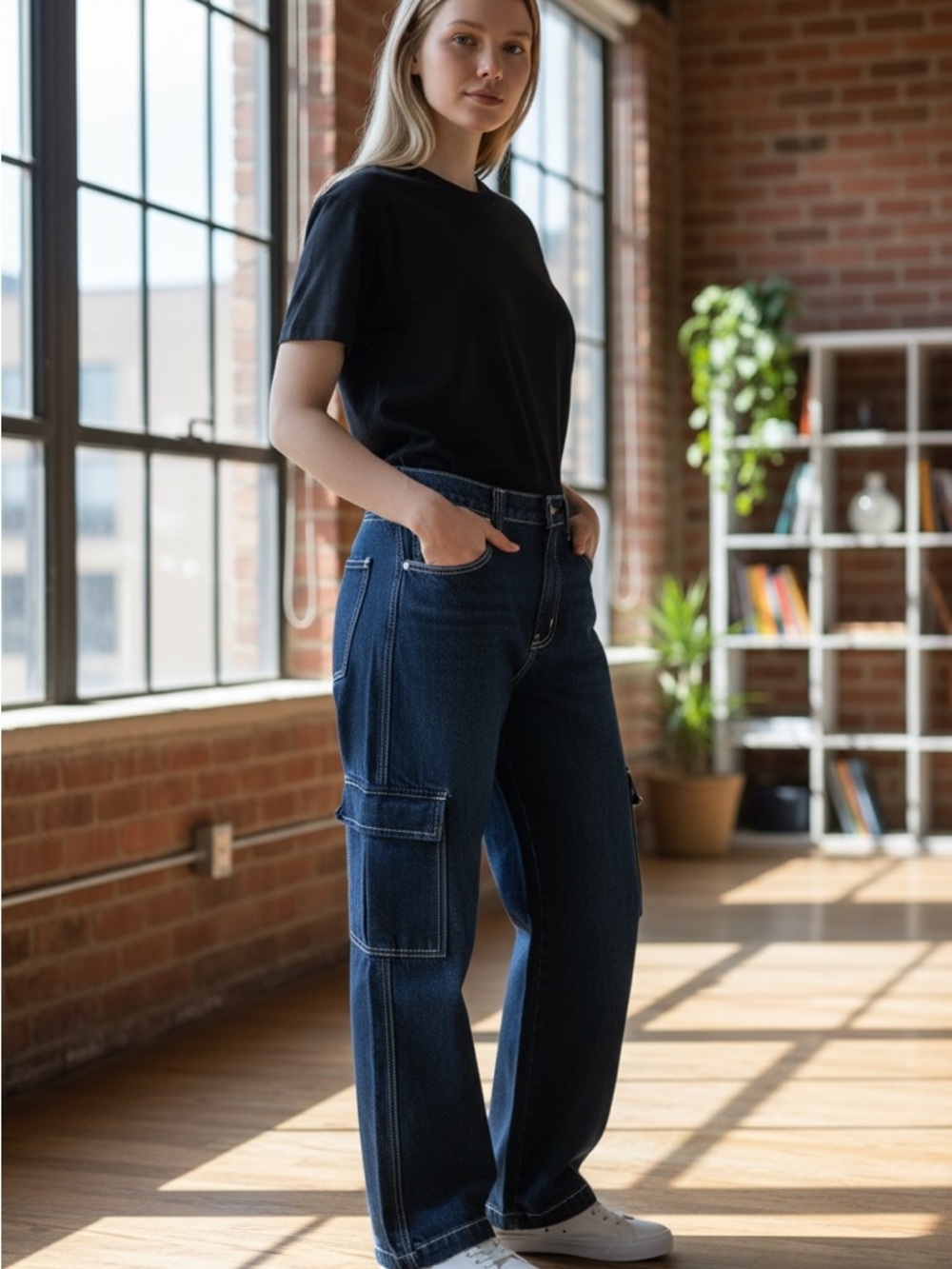 J. Galt Wide-Leg Cargo Jeans for Women in Dark Blue Small Like New - Picture 4 of 11